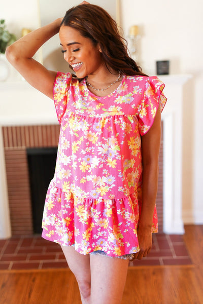 Diva Pink Floral Yoke Flutter Sleeve Keyhole Back Top - Online Only!