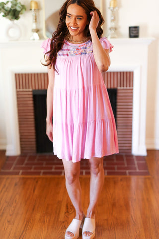 Baby Pink Embroidered Tiered Lined Dress - Online Only!