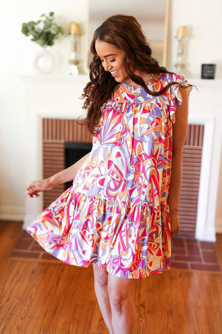 Multicolor Geometric Midi Flutter Sleeve Dress - Online Only!