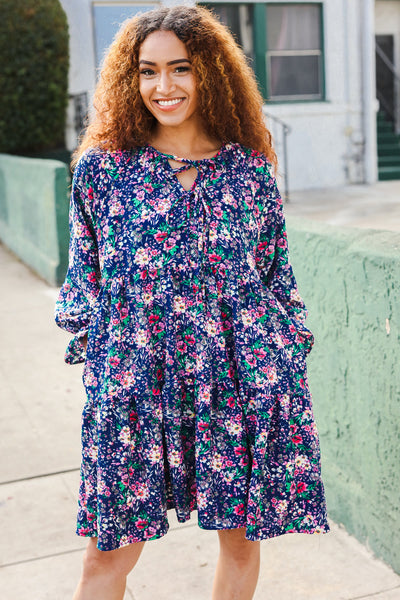 Navy Floral Bow Tie Babydoll Long Ruffle Sleeve Dress - Online Only!