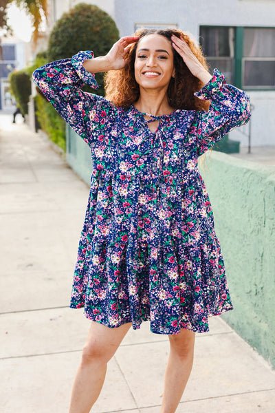 Navy Floral Bow Tie Babydoll Long Ruffle Sleeve Dress - Online Only!