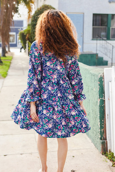Navy Floral Bow Tie Babydoll Long Ruffle Sleeve Dress - Online Only!