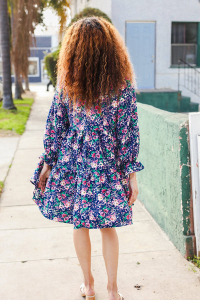 Navy Floral Bow Tie Babydoll Long Ruffle Sleeve Dress - Online Only!