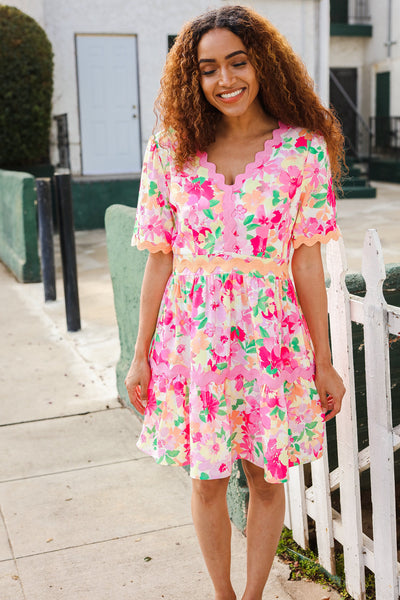 Rose Floral Print Ric Rack Trim Babydoll Dress - Online Only!