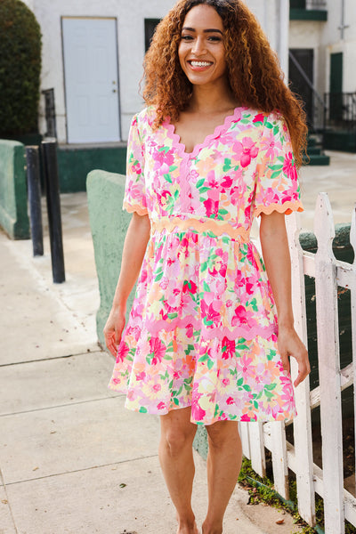 Rose Floral Print Ric Rack Trim Babydoll Dress - Online Only!