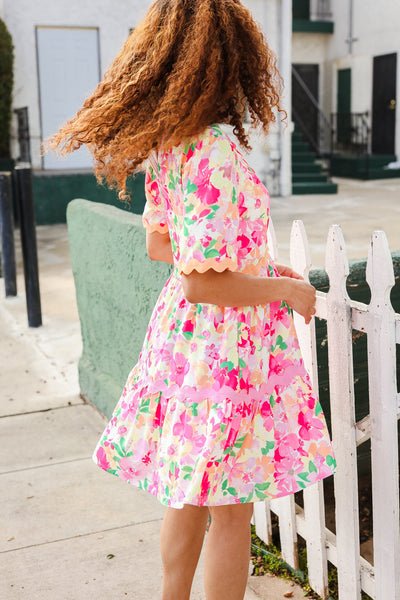 Rose Floral Print Ric Rack Trim Babydoll Dress - Online Only!