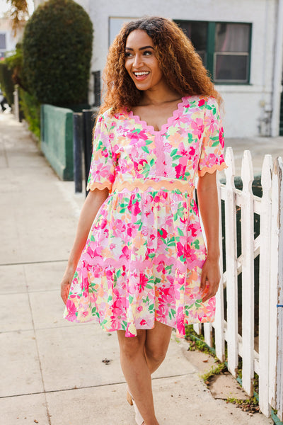 Rose Floral Print Ric Rack Trim Babydoll Dress - Online Only!