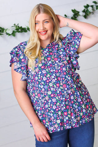 Navy Floral Mock Neck Flutter Sleeve Top - Online Only!