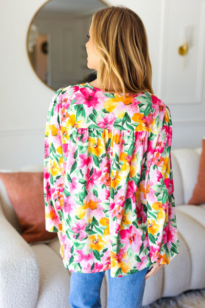 Pretty In Pink Watercolor Floral Yoke Tie Top - Online Only!