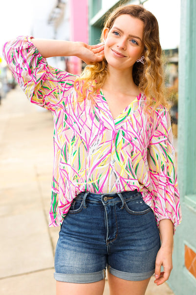 Fuchsia & Yellow Abstract Print V Neck Top - Online Only!