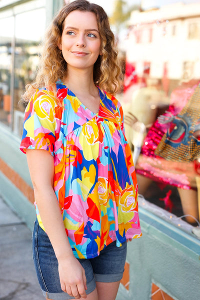 Orange & Yellow Geometric Floral V Neck Dolman Top - Online Only!