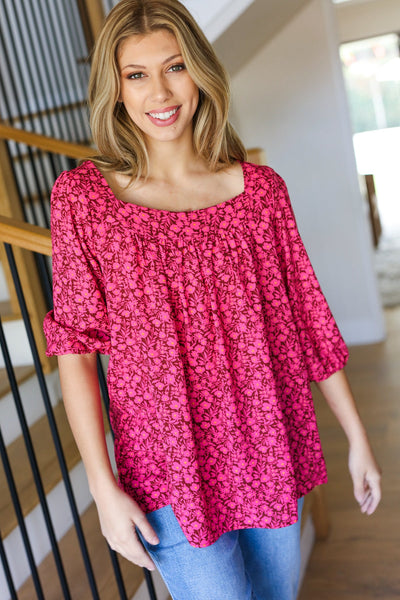 Perfectly You Fuchsia Floral Three Quarter Sleeve Square Neck Top - Online Only!