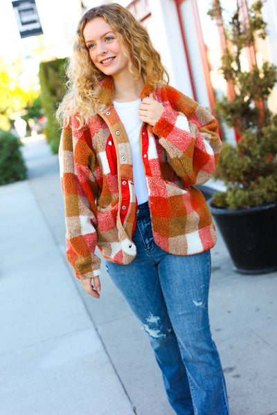 It's Your Best Rust & Camel Plaid Sherpa Button Down Jacket - Online Only!