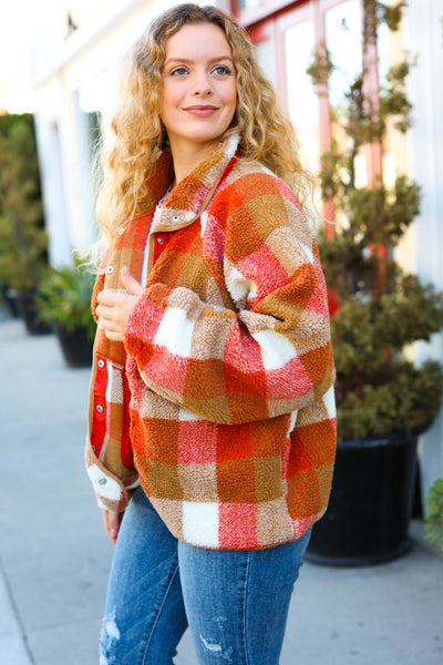 It's Your Best Rust & Camel Plaid Sherpa Button Down Jacket - Online Only!
