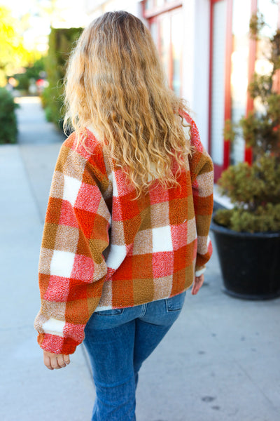 It's Your Best Rust & Camel Plaid Sherpa Button Down Jacket - Online Only!