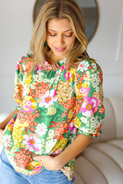 All For You Green Floral Print Frill Smocked Top - Online Only!