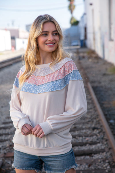 Taupe & Sky Blue Thermal Knit Out Seam Stitch Pullover - Online Only!