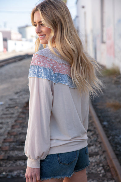 Taupe & Sky Blue Thermal Knit Out Seam Stitch Pullover - Online Only!