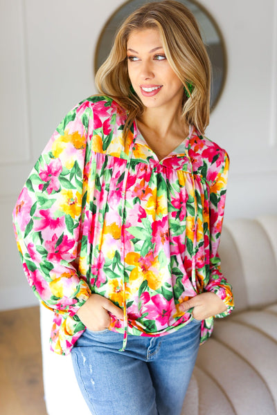 Pretty In Pink Watercolor Floral Yoke Tie Top - Online Only!