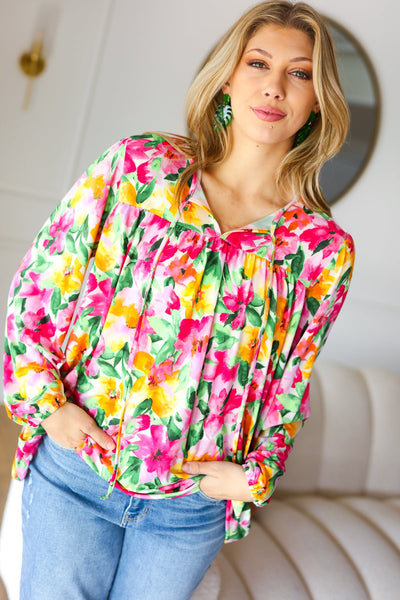 Pretty In Pink Watercolor Floral Yoke Tie Top - Online Only!