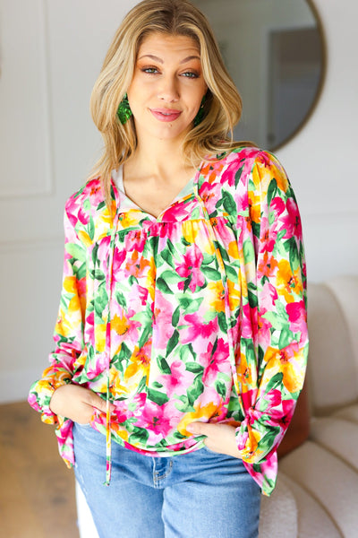 Pretty In Pink Watercolor Floral Yoke Tie Top - Online Only!