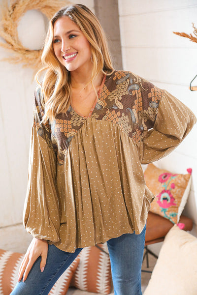 Taupe V Neck Crinkle Paisley and Dot Woven Babydoll Top - Online Only!
