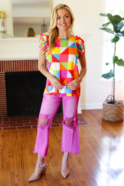 You Got This Red Geometric Print Double Ruffle Sleeve Top - Online Only!