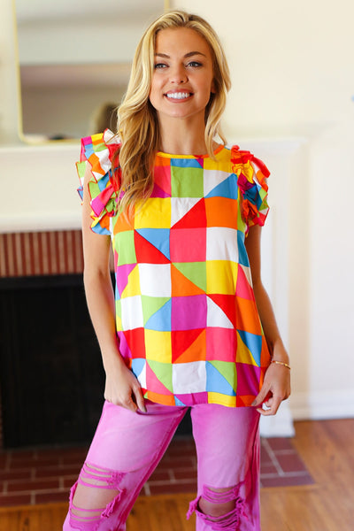 You Got This Red Geometric Print Double Ruffle Sleeve Top - Online Only!