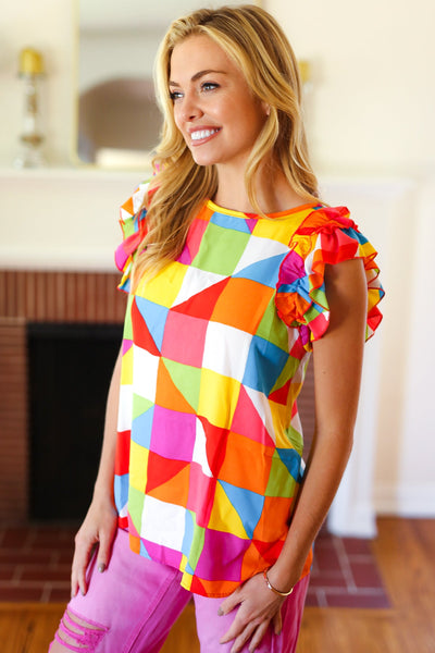You Got This Red Geometric Print Double Ruffle Sleeve Top - Online Only!