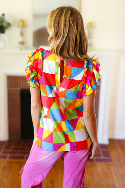 You Got This Red Geometric Print Double Ruffle Sleeve Top - Online Only!
