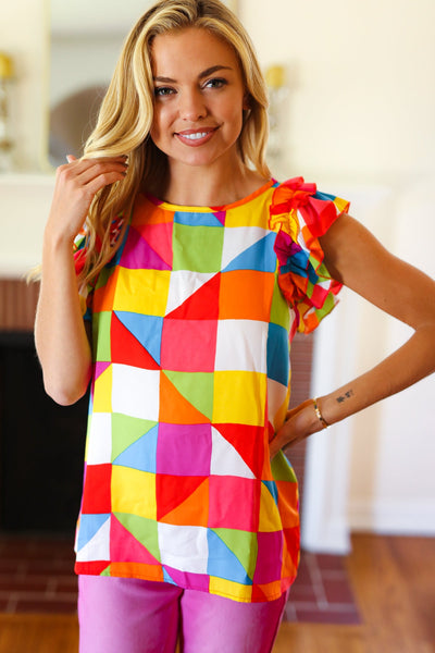 You Got This Red Geometric Print Double Ruffle Sleeve Top - Online Only!