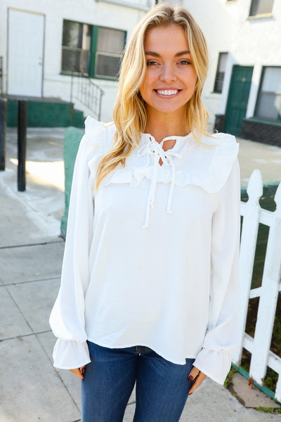 Eyes On You Ivory Ribbon Tie Bow Square Neck Ruffle Bubble Sleeve Blouse - Online Only!