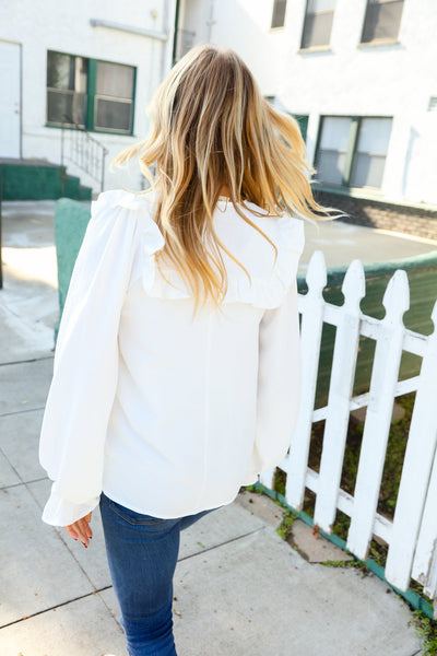 Eyes On You Ivory Ribbon Tie Bow Square Neck Ruffle Bubble Sleeve Blouse - Online Only!