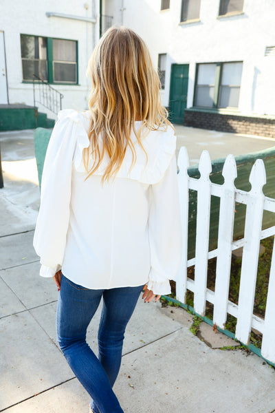 Eyes On You Ivory Ribbon Tie Bow Square Neck Ruffle Bubble Sleeve Blouse - Online Only!