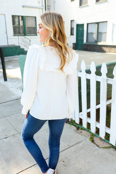 Eyes On You Ivory Ribbon Tie Bow Square Neck Ruffle Bubble Sleeve Blouse - Online Only!