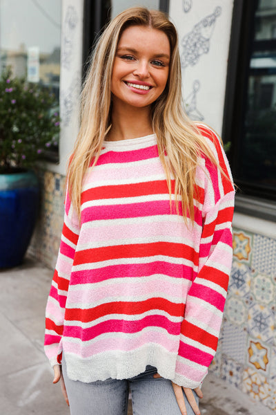 Follow Me Red/Pink Loose Knit Stripe Ribbed Pullover - Online Only!