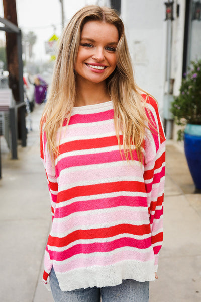 Follow Me Red/Pink Loose Knit Stripe Ribbed Pullover - Online Only!
