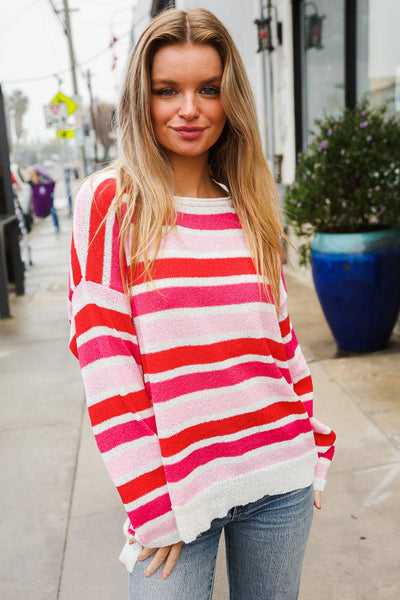 Follow Me Red/Pink Loose Knit Stripe Ribbed Pullover - Online Only!