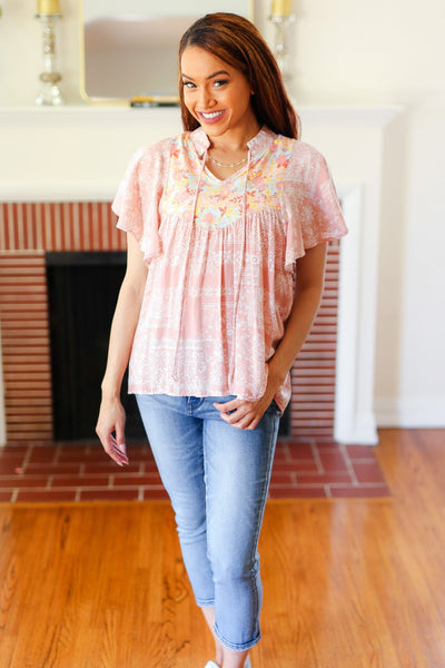 Blush Paisley Floral Yoke Tie Neck Top - Online Only!