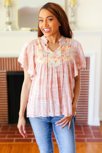 Blush Paisley Floral Yoke Tie Neck Top - Online Only!