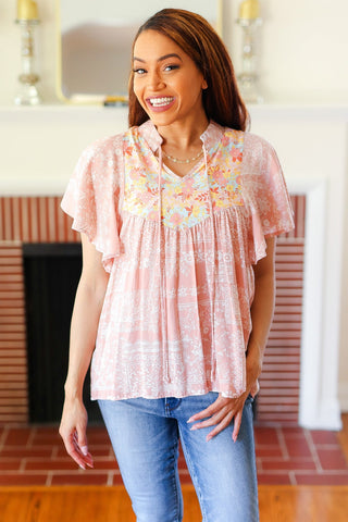 Blush Paisley Floral Yoke Tie Neck Top - Online Only!