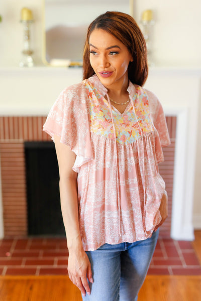 Blush Paisley Floral Yoke Tie Neck Top - Online Only!