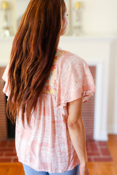 Blush Paisley Floral Yoke Tie Neck Top - Online Only!