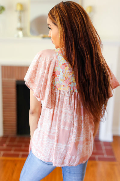 Blush Paisley Floral Yoke Tie Neck Top - Online Only!