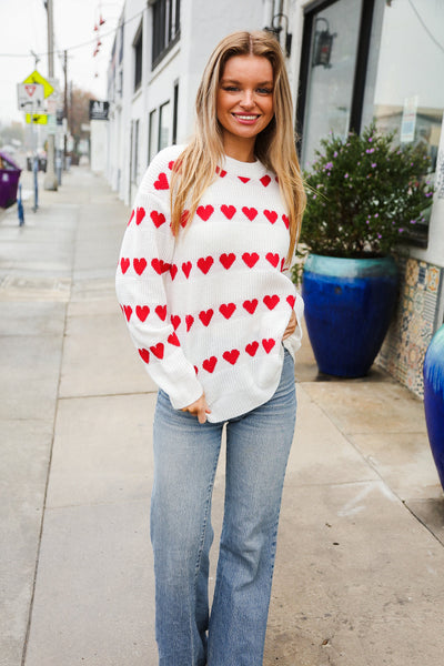 Be Mine White Jacquard Heart Stripe Pullover Sweater - Online Only!