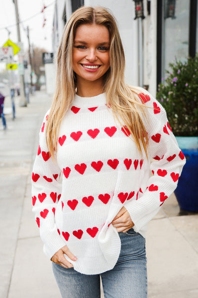 Be Mine White Jacquard Heart Stripe Pullover Sweater - Online Only!