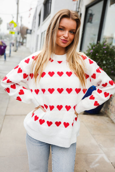Be Mine White Jacquard Heart Stripe Pullover Sweater - Online Only!