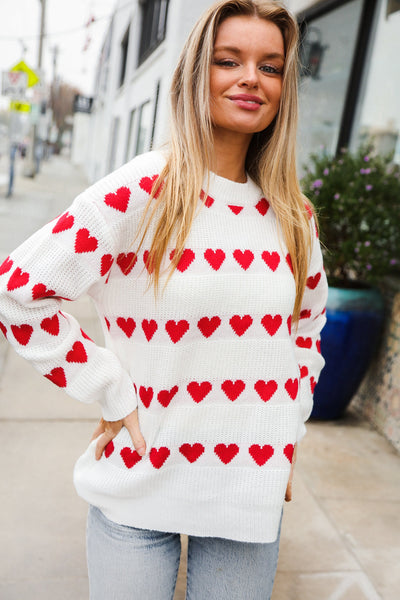 Be Mine White Jacquard Heart Stripe Pullover Sweater - Online Only!