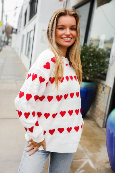 Be Mine White Jacquard Heart Stripe Pullover Sweater - Online Only!