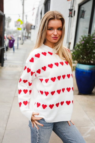 Be Mine White Jacquard Heart Stripe Pullover Sweater - Online Only!